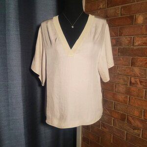 Vince Women Cream Rib-Trim Double-V Neck Short Solman Sleeve Blouse - Size XS